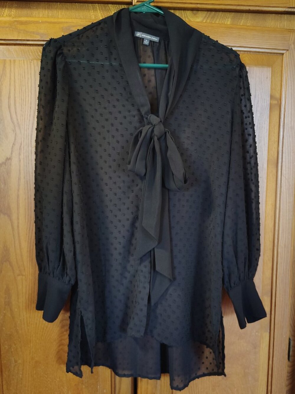 Adrianna Papell Sheer Black Swiss Dot Grannycore V Neck Bow Bohemian Top M